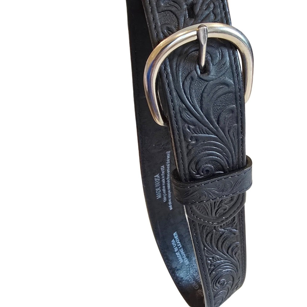 Silver Creek Black Tooled Leather Western Cowboy Belt Made in USA 53903 Size 34